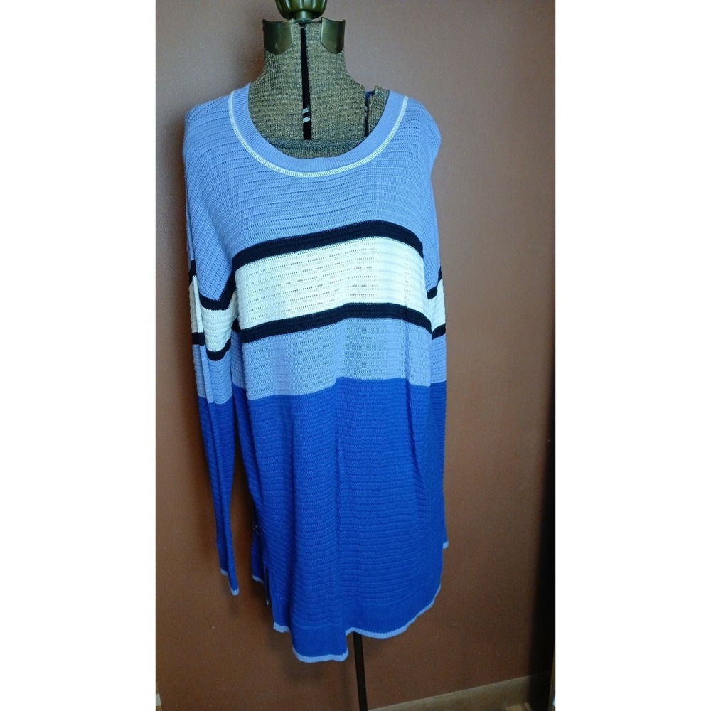 Blue Periwinkle Colorblock Striped Knit Tunic Sweater Cotton Blend L/XL